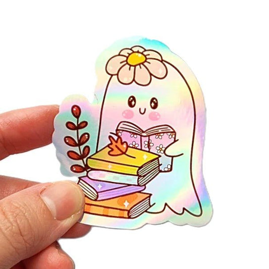 Cute Ghost Reading Holographic Sticker, Booklover Sticker, eReader Sticker - KWL Creations
