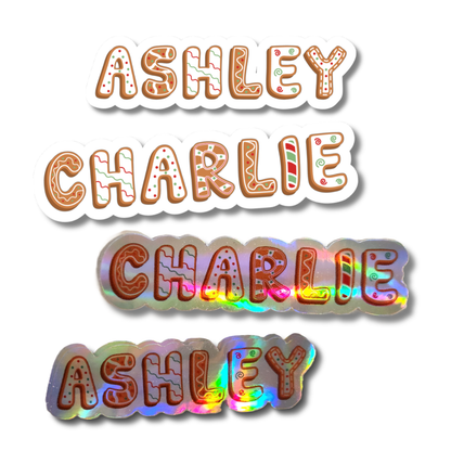 Holographic Custom Name Sticker – Holiday Gingerbread Christmas Font - KWL Creations