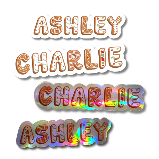 Holographic Custom Name Sticker – Holiday Gingerbread Christmas Font - KWL Creations