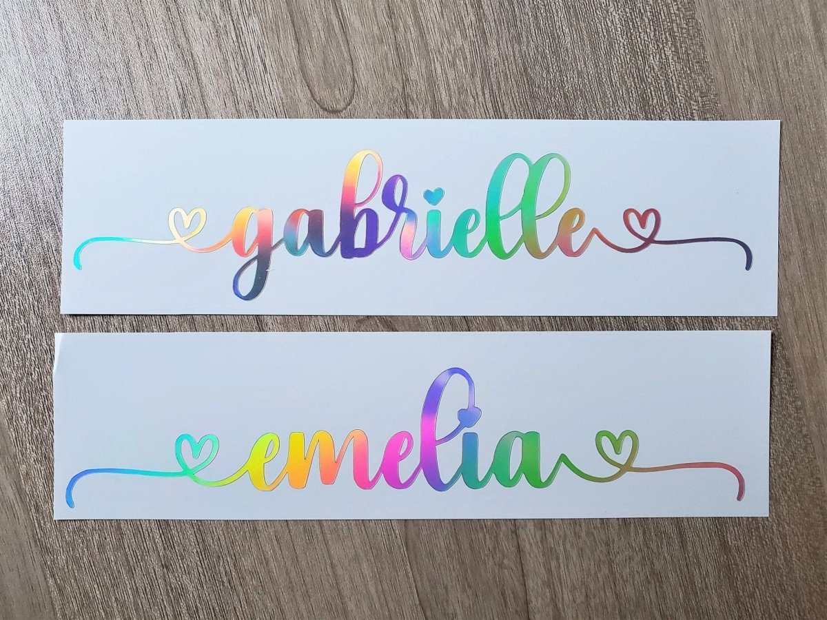 Holographic Custom Name Vinyl Decal: Double Heart Swirls - KWL Creations