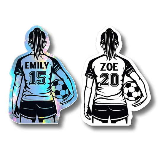 Holographic Girl Soccer Player Sticker: Custom Name & Number Decal - KWL Creations