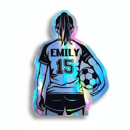 Holographic Girl Soccer Player Sticker: Custom Name & Number Decal - KWL Creations