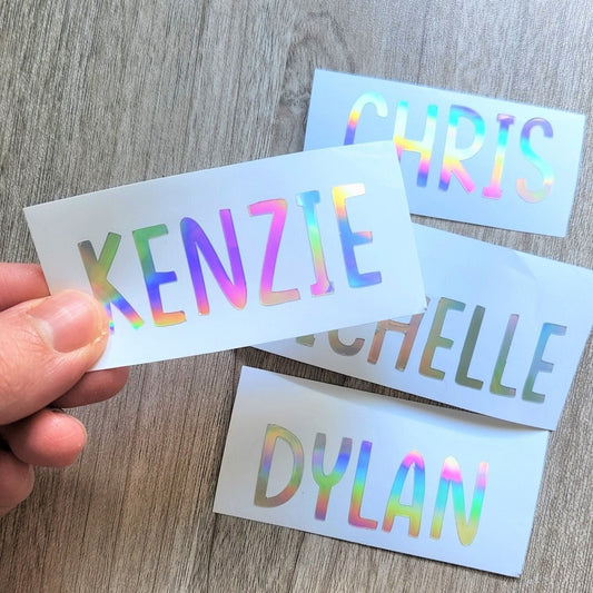 Holographic Name Decal: Custom Silver Text Sticker - KWL Creations