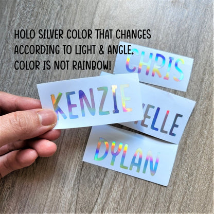 Holographic Name Decal: Custom Silver Text Sticker - KWL Creations