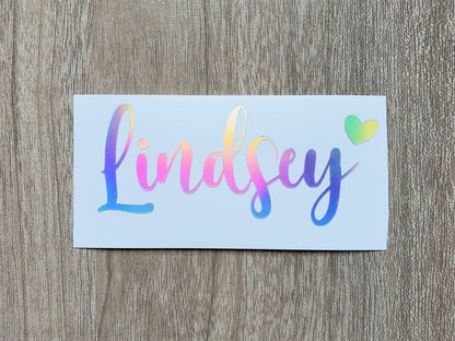 Holographic Name Decal with Heart: Custom Vinyl Decal - KWL Creations