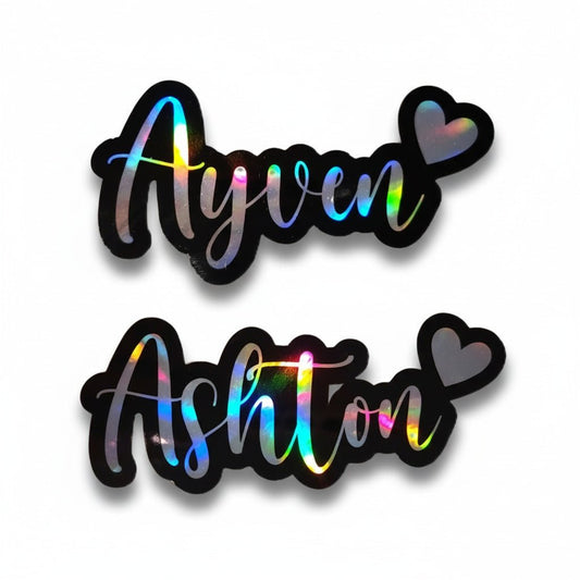 Holographic Oulined Name Sticker with Heart - Cursive Font - KWL Creations