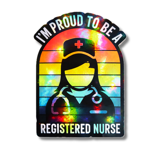 Holographic registered nurse sticker with rainbow shine, retro nurse design, RN gift decal