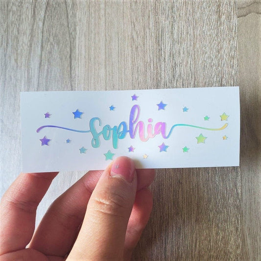 Holographic Swirls Name Decal with Stars: Custom Vinyl Decal - KWL Creations