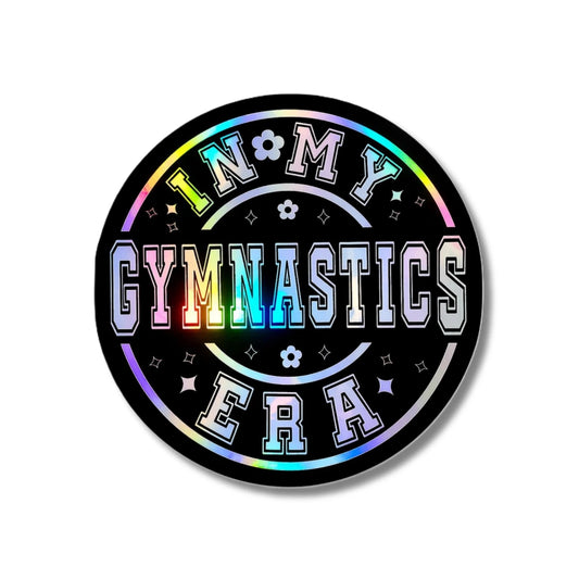 Holographic gymnastics sticker with bold “In My Gymnastics Era” design. Perfect for water bottles, laptops, and gym bags.