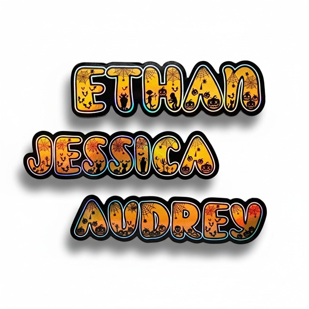 Layered Holo Orange Halloween Spooky Sticker, Kids Trick or Treat Name Sticker - KWL Creations