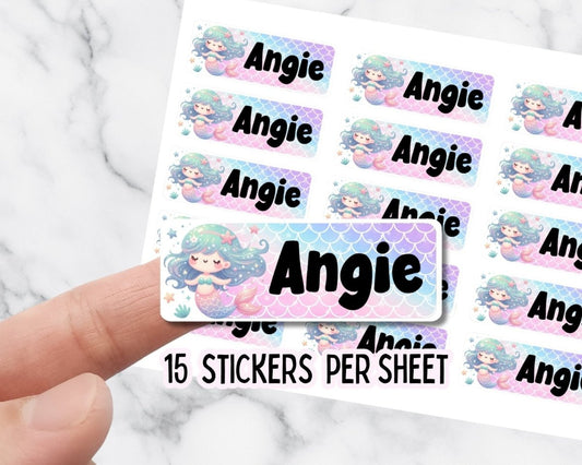 Pastel Mermaid Name Stickers: Rainbow Kids Labels - KWL Creations