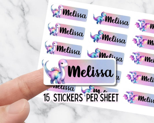 Pastel Rainbow Dinosaur Name Stickers: Kids Labels, Daycare Stickers - KWL Creations