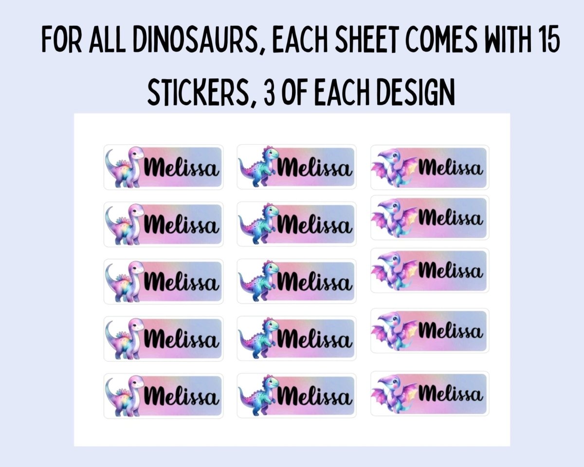 Pastel Rainbow Dinosaur Name Stickers: Kids Labels, Daycare Stickers - KWL Creations