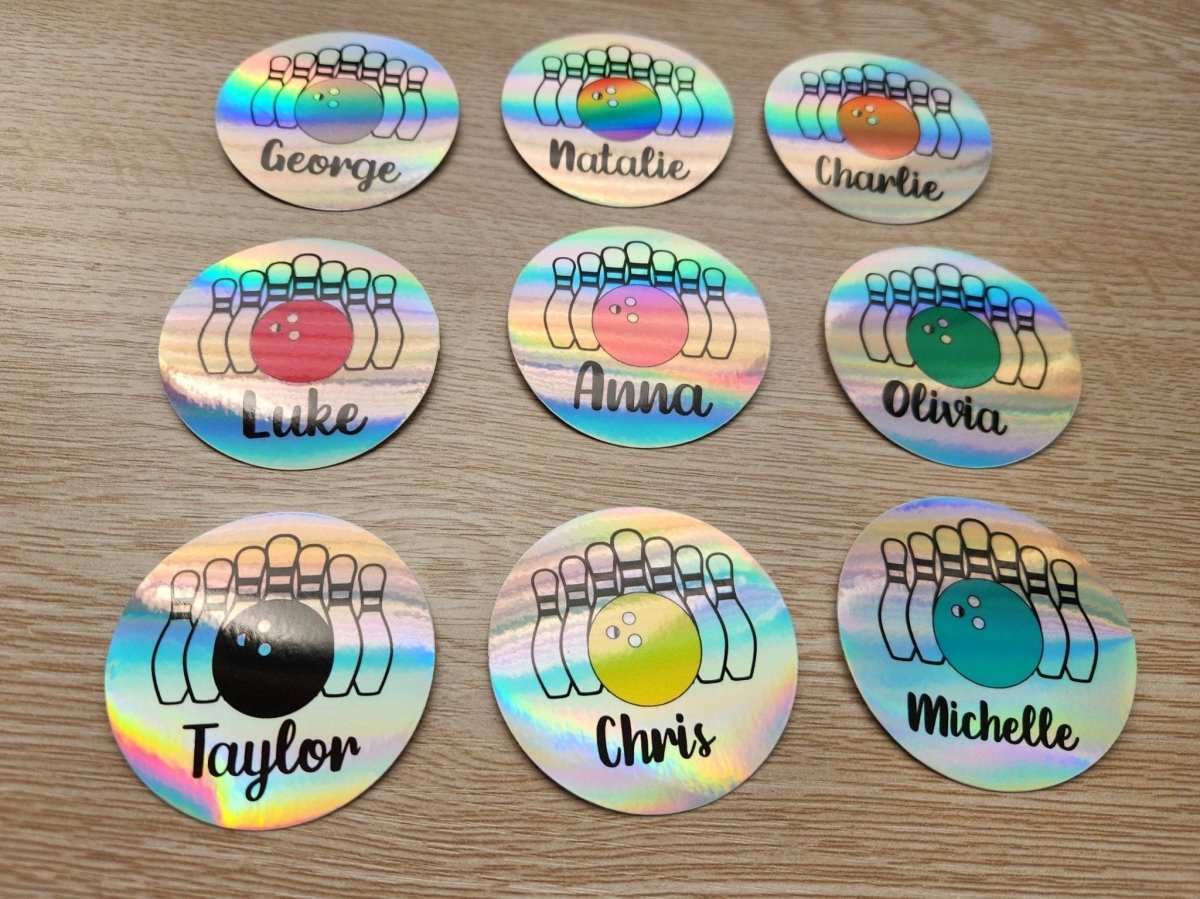 Personalized Bowling Name Sticker – Custom Bowler Gift, Bowling Ball & Pins Holographic Decal - KWL Creations