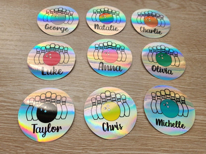 Personalized Bowling Name Sticker – Custom Bowler Gift, Bowling Ball & Pins Holographic Decal - KWL Creations