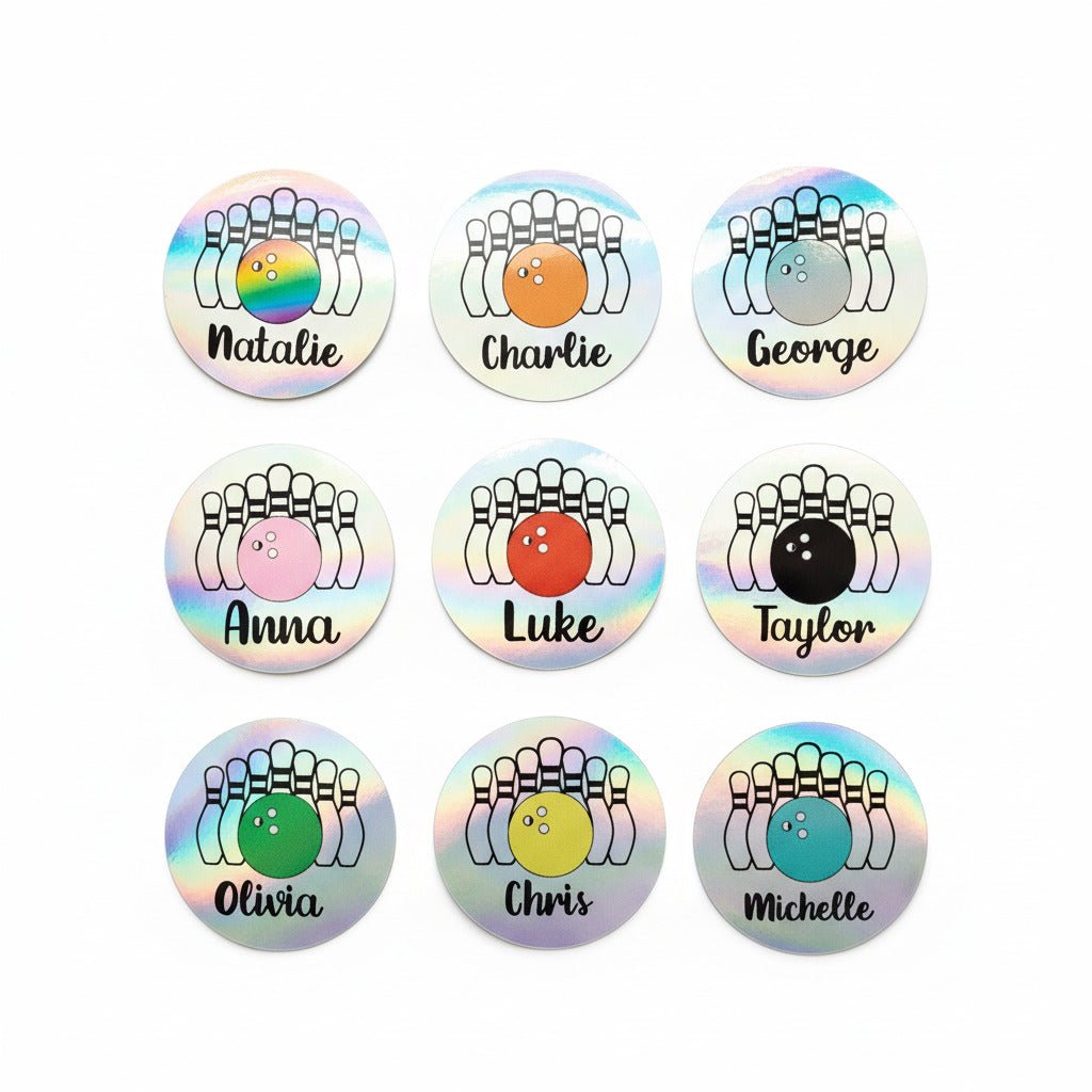 personalized bowling name sticker holographic bowling ball and pins custom bowler gift decal