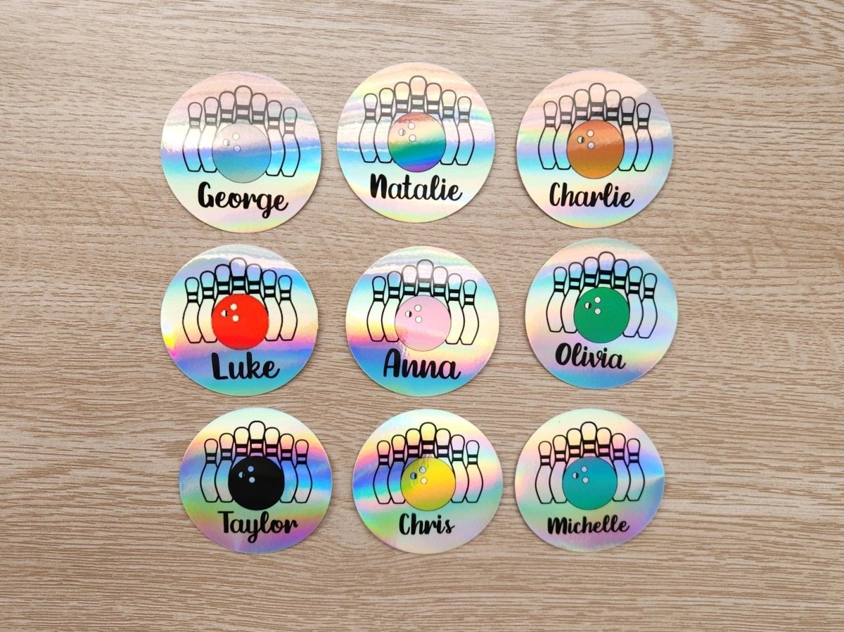 Personalized Bowling Name Sticker – Custom Bowler Gift, Bowling Ball & Pins Holographic Decal - KWL Creations