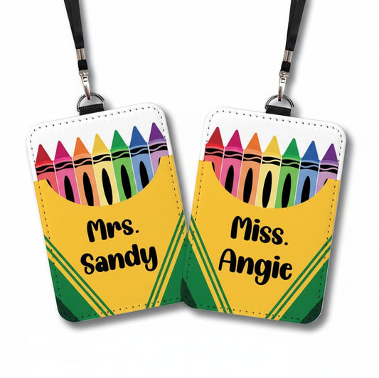 Personalized Crayon Teacher ID Badge Holder – Custom Name School Staff Card Holder - KWL Creations