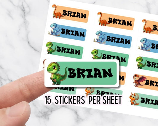 Personalized Dinosaur Name Stickers: Daycare, School Labels (15 Stickers) - KWL Creations