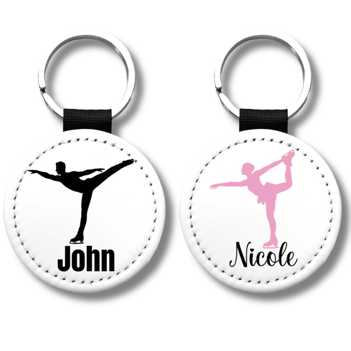 Personalized figure skating keychains with custom skater names and colored skating silhouettes attached to gym bags, perfect team gifts for skating clubs and competitions.