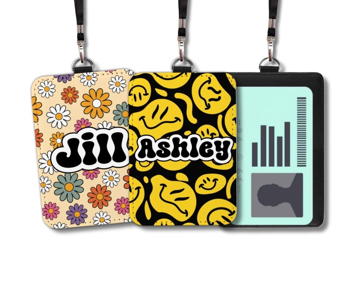 Personalized Retro Groovy ID Badge Holder – Custom Name – 25 Backgrounds - KWL Creations