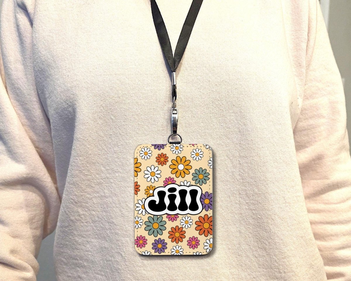 Personalized Retro Groovy ID Badge Holder – Custom Name – 25 Backgrounds - KWL Creations