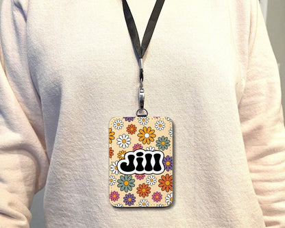 Personalized Retro Groovy ID Badge Holder – Custom Name – 25 Backgrounds - KWL Creations