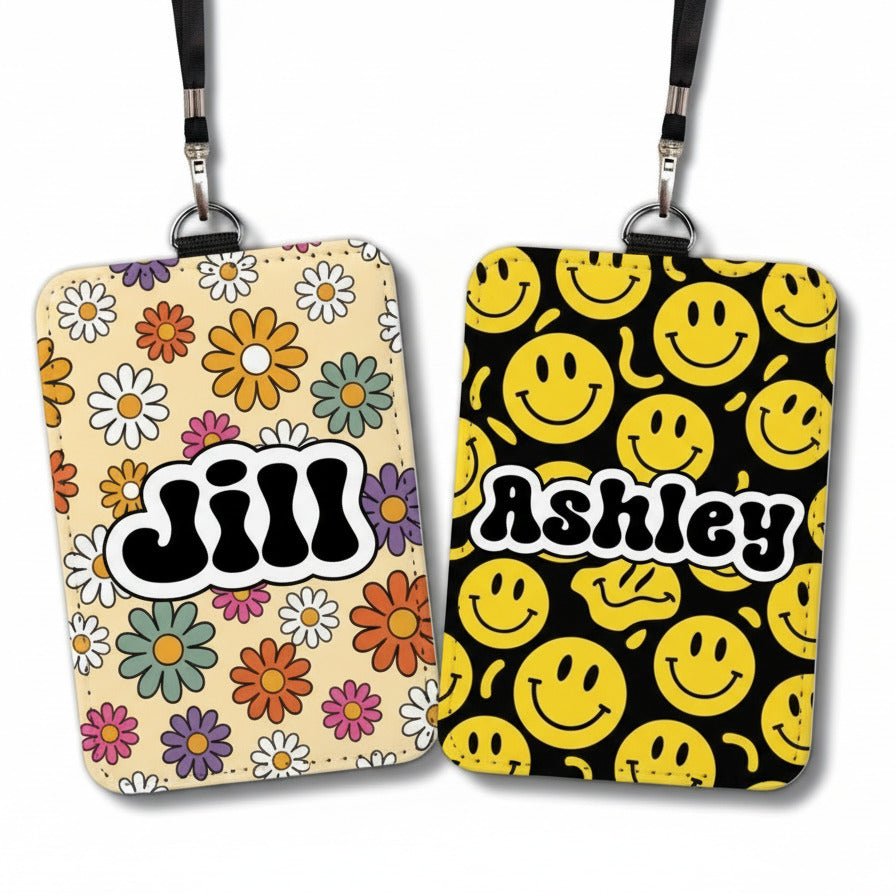 Personalized Retro Groovy ID Badge Holder – Custom Name – 25 Backgrounds - KWL Creations