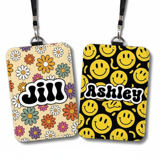 Personalized Retro Groovy ID Badge Holder – Custom Name – 25 Backgrounds - KWL Creations