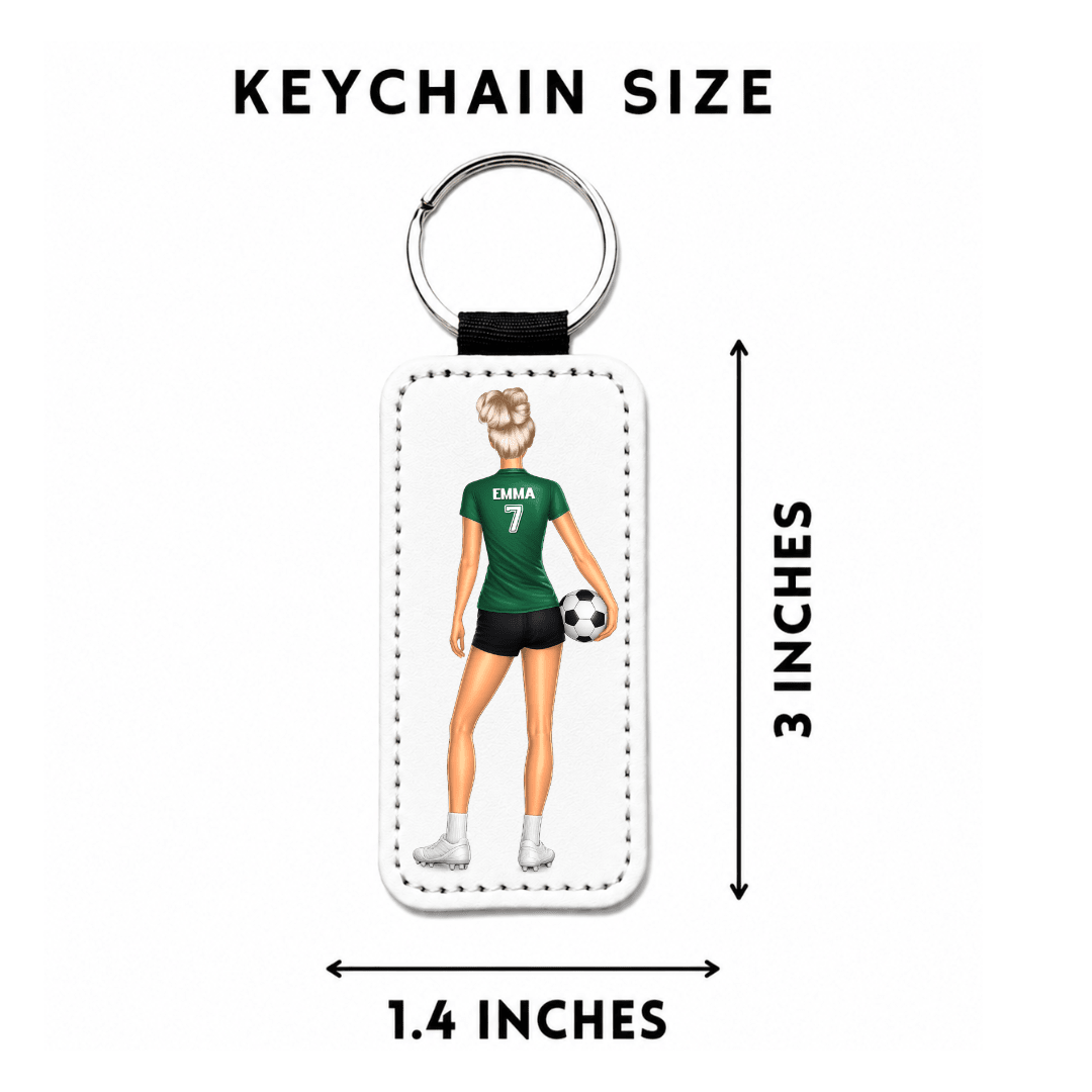 Personalized Soccer Girl Keychain | Custom Soccer Player with Name Number Jersey Color & Hair Style - KWL Creations