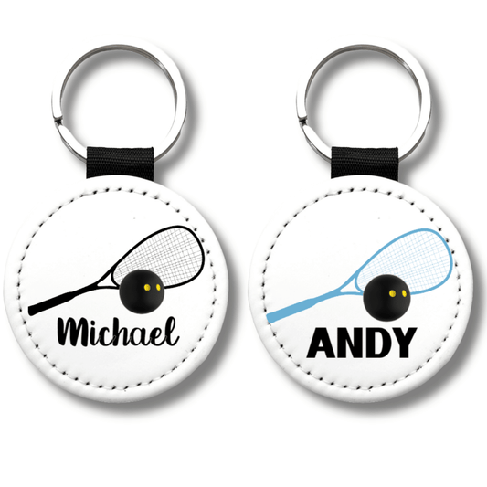 Personalized squash keychains with custom player names and racket colors, perfect team gifts for squash players, tournaments, leagues, and coaches.
