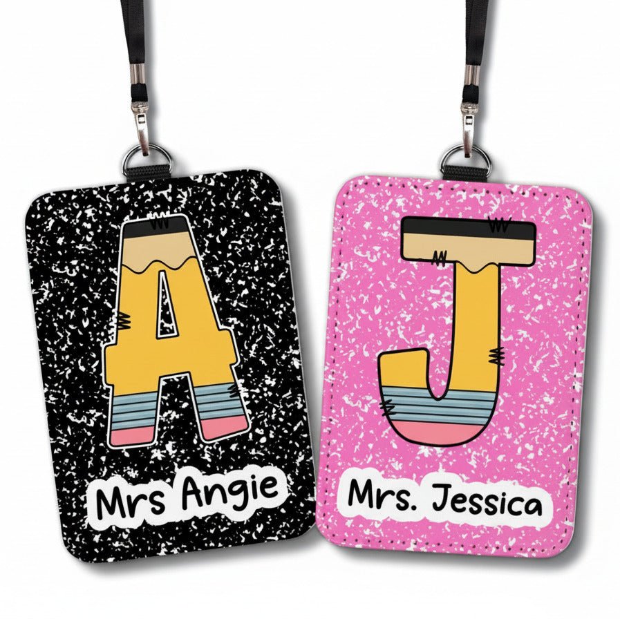 Personalized Teacher ID Badge Holder: Pencil Initial, Composition Notebook - KWL Creations