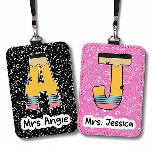 Personalized Teacher ID Badge Holder: Pencil Initial, Composition Notebook - KWL Creations