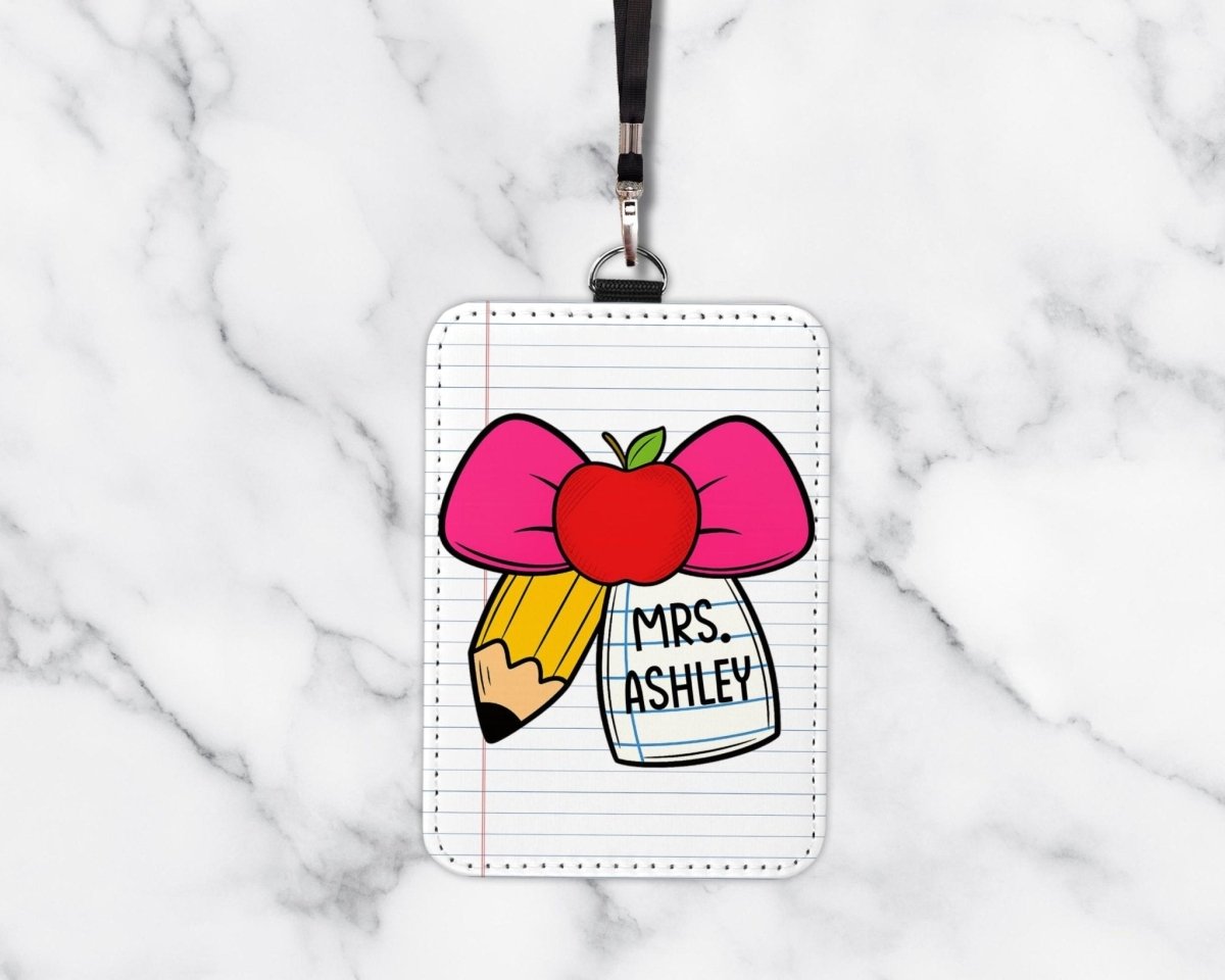 Personalized Teacher ID Badge Holder: Ribbon & Pencil Design - KWL Creations