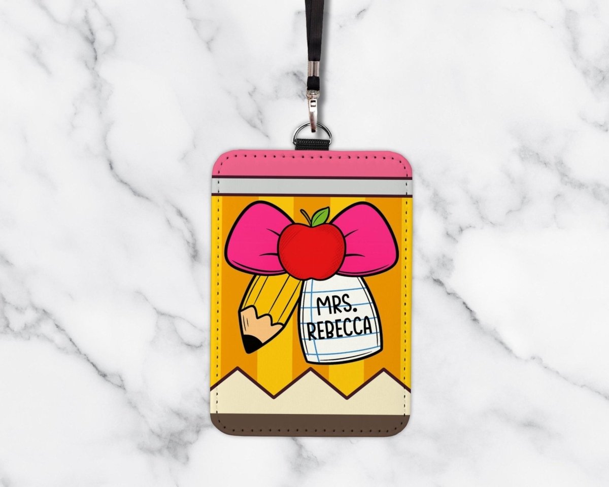 Personalized Teacher ID Badge Holder: Ribbon & Pencil Design - KWL Creations