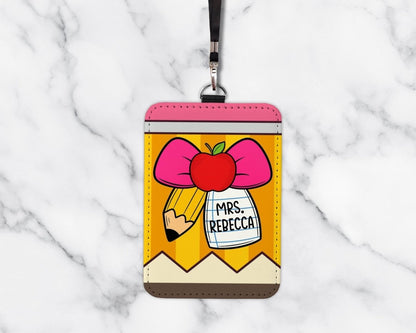 Personalized Teacher ID Badge Holder: Ribbon & Pencil Design - KWL Creations
