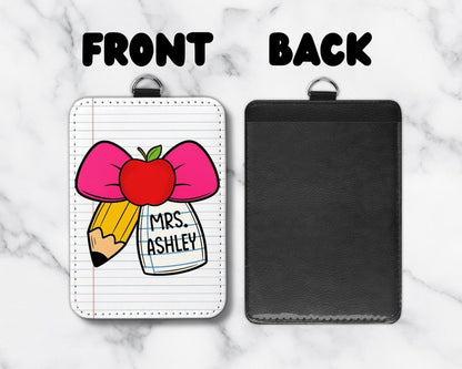 Personalized Teacher ID Badge Holder: Ribbon & Pencil Design - KWL Creations