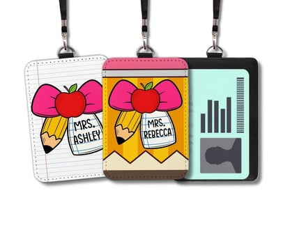 Personalized Teacher ID Badge Holder: Ribbon & Pencil Design - KWL Creations