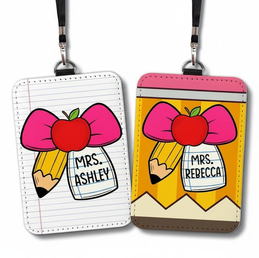 Personalized Teacher ID Badge Holder: Ribbon & Pencil Design - KWL Creations