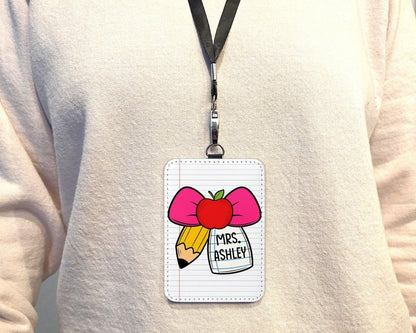 Personalized Teacher ID Badge Holder: Ribbon & Pencil Design - KWL Creations