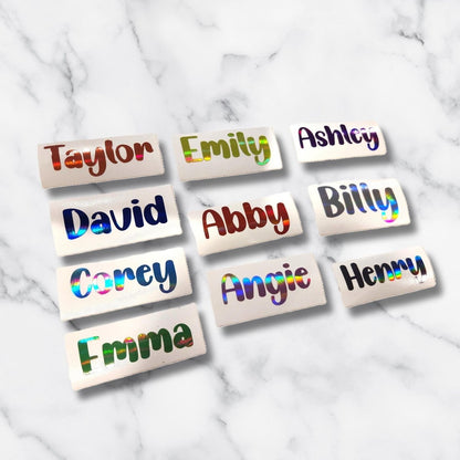 Personalized Vinyl Name Decal in Solid or Holographic Multi Color – Custom Text Sticker for Bottles, Laptops, Notebooks & More - KWL Creations