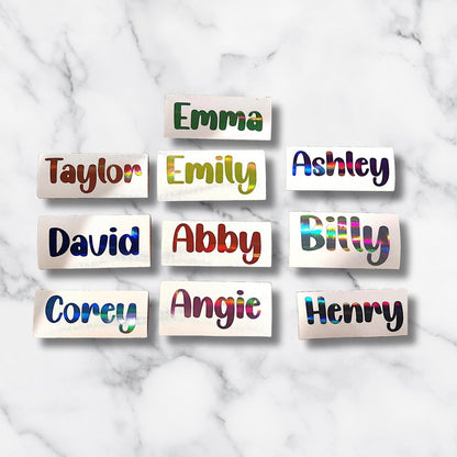 Personalized Vinyl Name Decal in Solid or Holographic Multi Color – Custom Text Sticker for Bottles, Laptops, Notebooks & More - KWL Creations