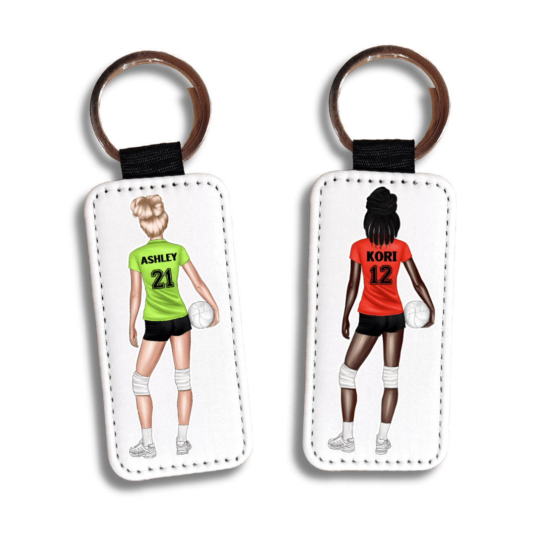 Custom volleyball player keychain personalized with name, number, jersey color, hair style, skin tone, and shorts color. Great team gift idea.