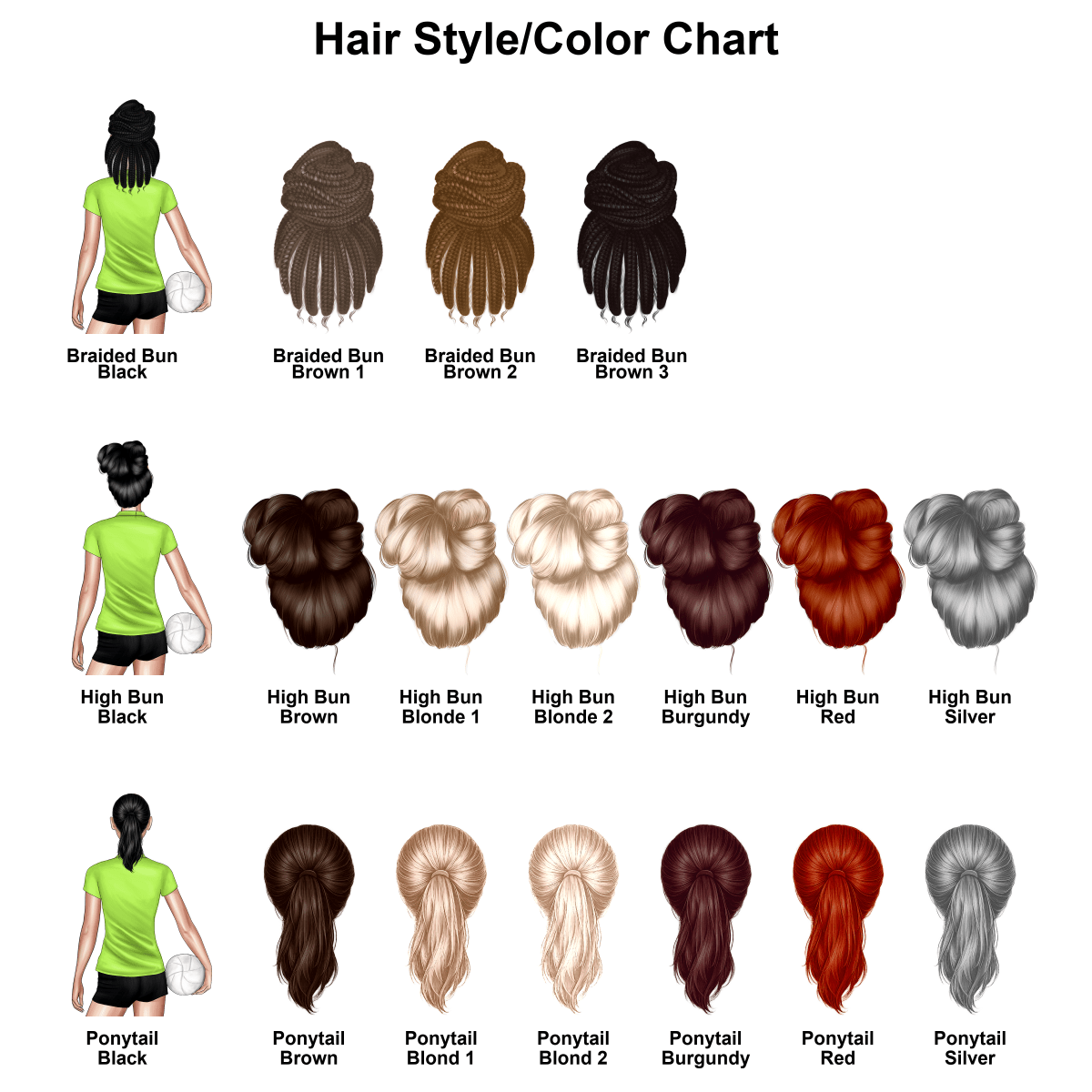 Hair Style Color Chart for custom volleyball stickers