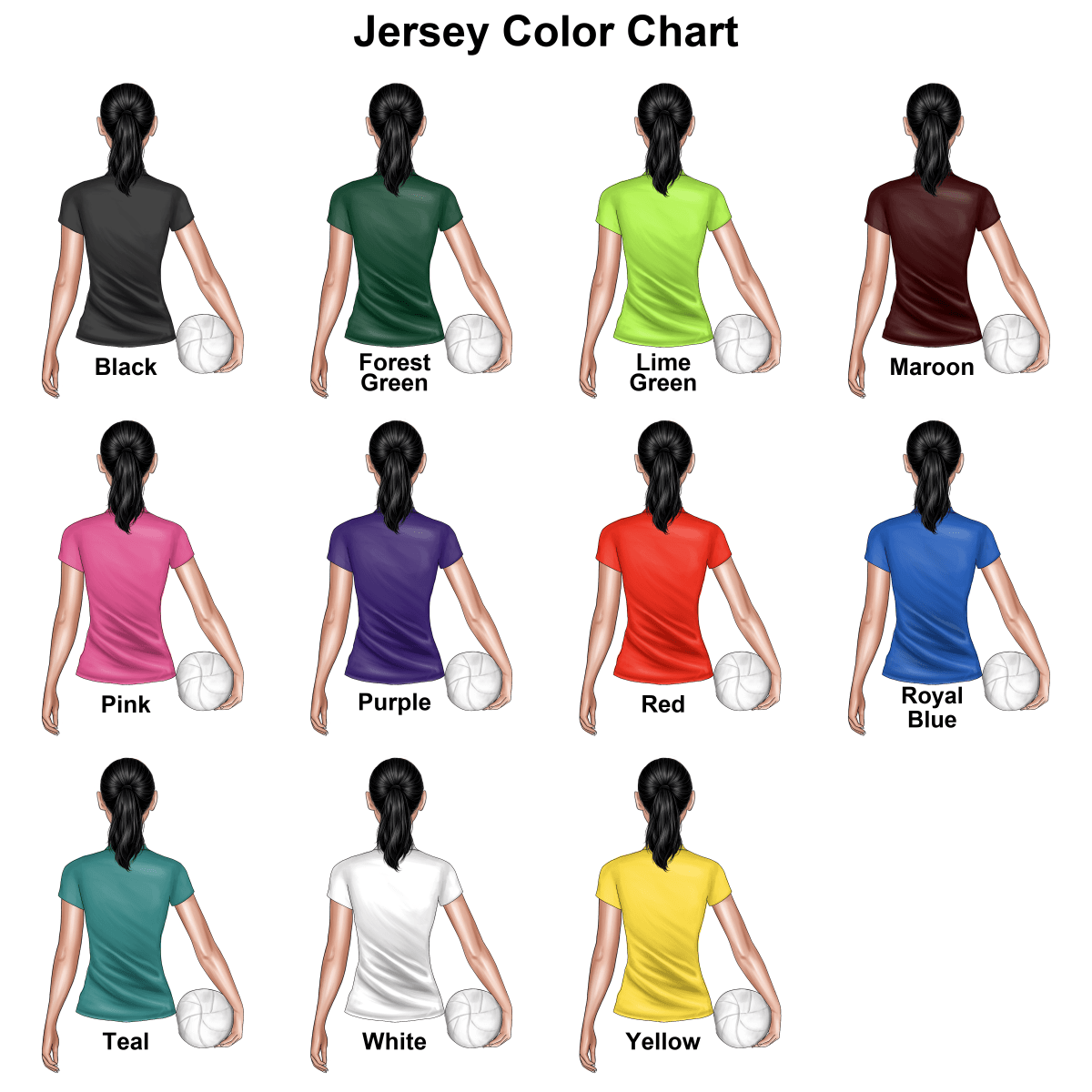 Color chart showing various jersey colors with corresponding color names.