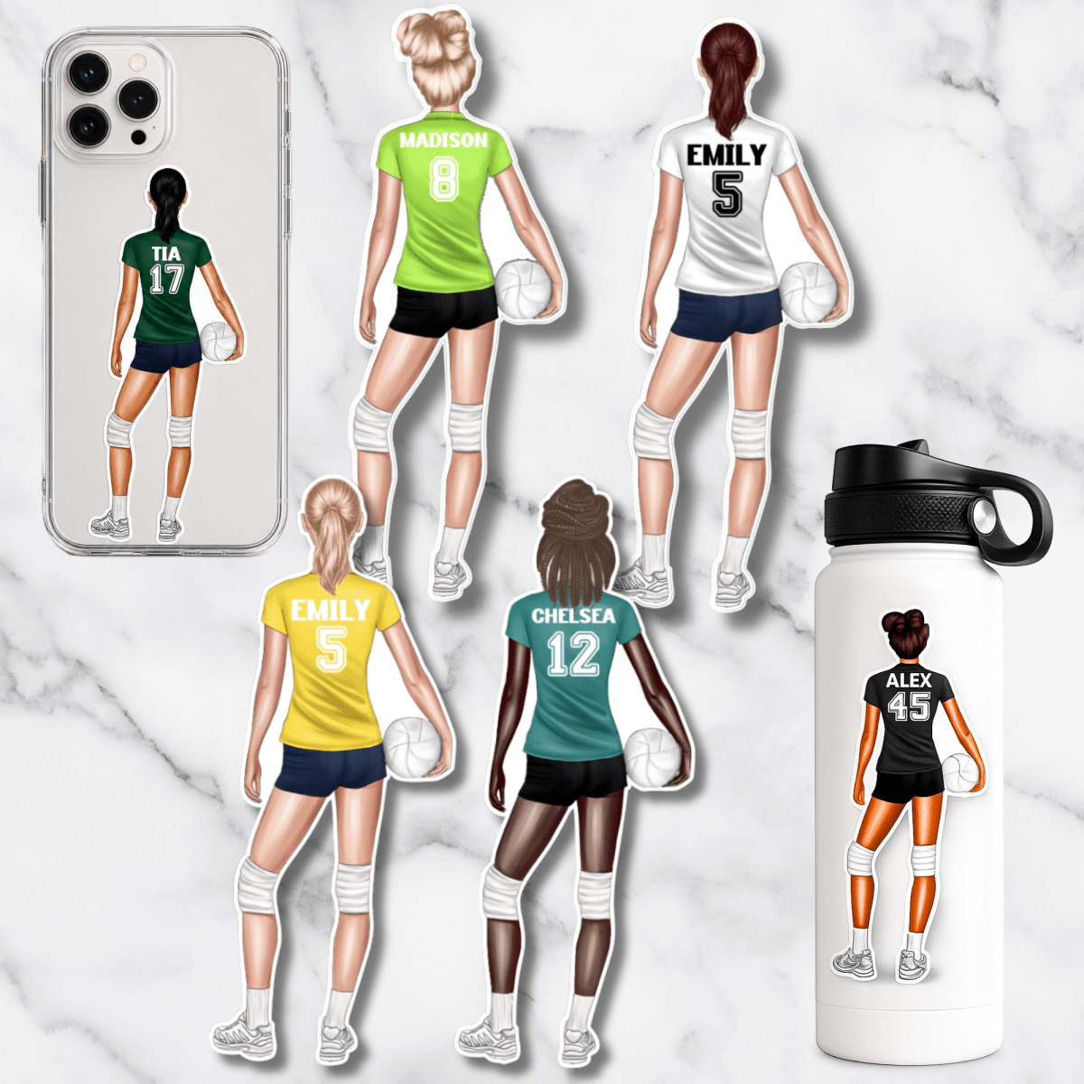 Customizable stickers volleyball player figures with personalized names and numbers on a marble background.