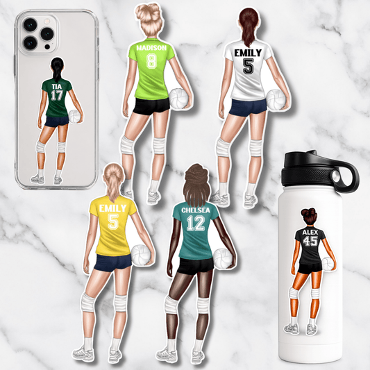 Customizable stickers volleyball player figures with personalized names and numbers on a marble background.