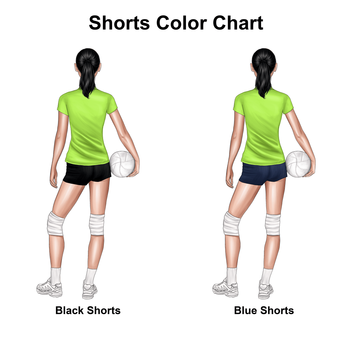Color chart showing a person wearing green shirts with black shorts and blue shorts on a white background.