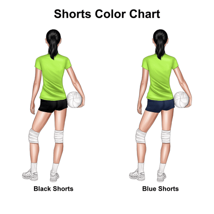 Color chart showing a person wearing green shirts with black shorts and blue shorts on a white background.