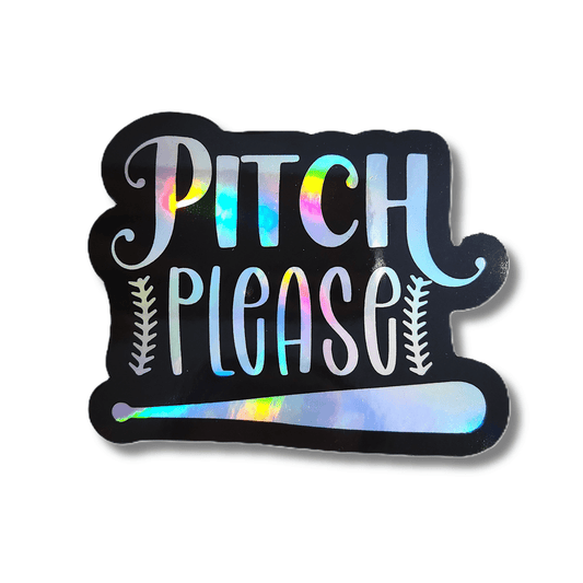 Funny Pitch Please holographic sticker for baseball and softball fans. Premium vinyl decal with vibrant color-shifting shine.